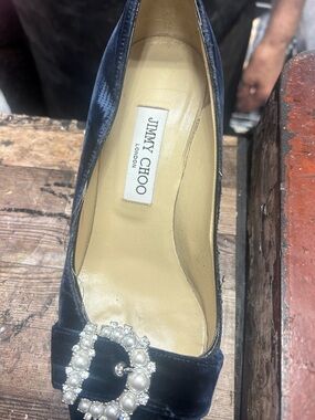 Jimmy Choo Navy Velvet Pearl-Embellished Pump